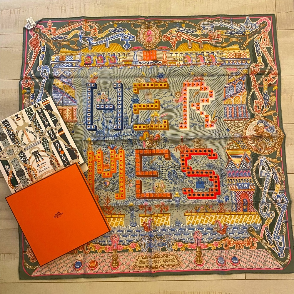 Authentic Hermes Super Quest Silk Scarf.